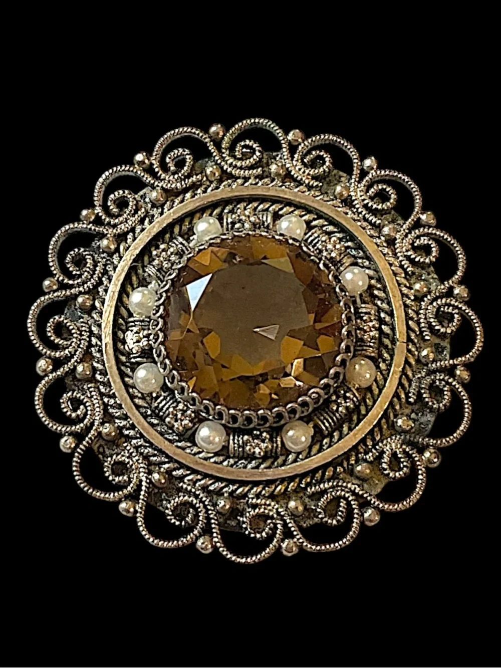 Vintage Israel Sterling Silver Smoky Quartz Filigree Brooch Pendant